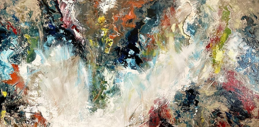 CRASHING TIDE - Techniques mixtes sur châssis galerie 20" x 40" par Patricia Houde artiste québécoise