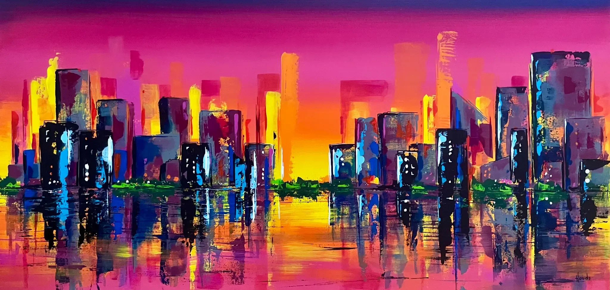SUNRISE - Acrylique sur châssis galerie 20" x 40" par Patricia Houde artiste québécoise